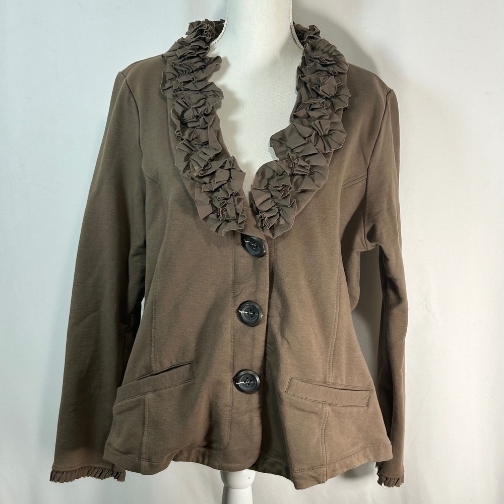 Nick‎ & Mo Brown Ruffle Neck Open Front Cardigan Jacket Women 1X